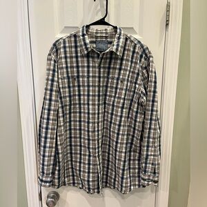 LL Bean‎ Mens Long Sleeve Button Down Blue/Black/Cream Plaid Shirt Large/Reg